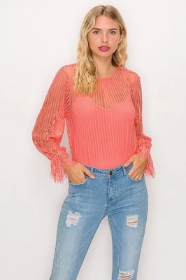 Lace Trim Shadow Stripe Bodysuit - Image 1 of 4