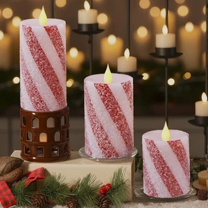 3 Pcs Christmas Candy Cane Stripe Flameless Candles, Real Wax Red &White Glit... - Bild 1 von 7