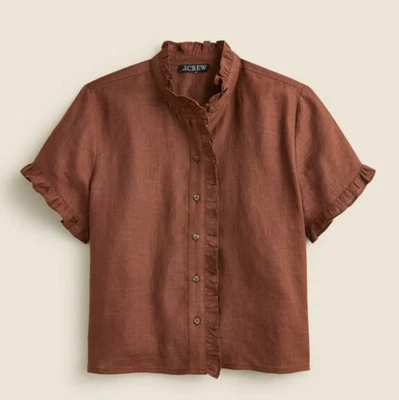 Blusa para mujer J.Crew talla 4 lino con volantes botones delanteros marrón manga corta Foto 1 de 4