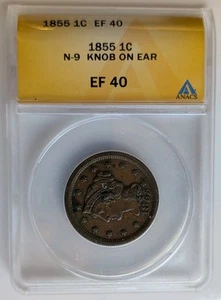 1855 1c United States Large One Cent Penny N-9 Knob on Ear EF 40 ANACS - Picture 1 of 5