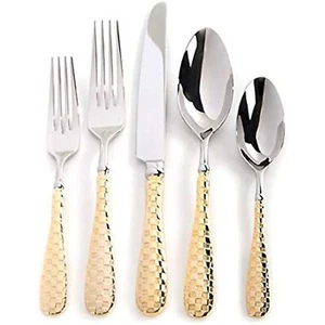 MacKenzie-Childs Gold Check Stainless Steel Flatware - 5 Piece Place Setting, - Picture 1 of 4