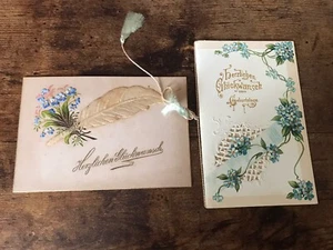 2 1889 Antique Vtg Victorian Beautiful Floral & Feather Birthday Cards Germany - Picture 1 of 6