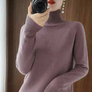 Women Wool Sweater Autumn Winter Soft Long Sleeve Tops High Neck Pullover - Picture 1 of 22