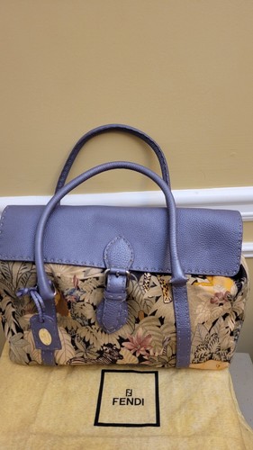 Borsa a tracolla Fendi Selleria viola metallizzato in pelle e tela stampa safari ""Linda