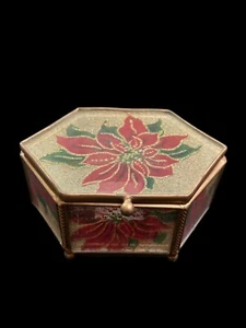 Vintage Christmas Poinsettia Hinged Triket Box 5 1/2”x 4” X 2  1/8” - Picture 1 of 6