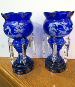 RARA COPPIA VINTAGE MARY GREGORY MANTELLO BOHEMIEN LUSTRI CRISTALLO BLU COBALTO (EZS002602) - Foto 1 di 11