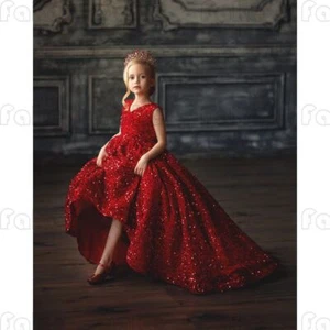 Fashion Sequins V Neck Flower Girls Wedding Kid Pageant Bridesmaid Dresses - Picture 1 of 2