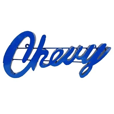 Large Recycled Metal Cursive Blue Chevy Logo Garage Wall Decor Sign Rustic 25 in - Image 1 of 4