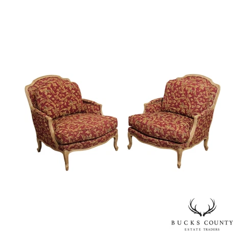French Louis XV Style Pair of Wide Seat Bergere Lounge Chairs Cover