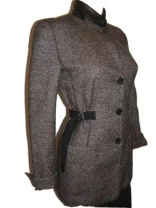 AKRIS PUNTO Bergdorf Goodman 4 Tweed Black Leather Wool Womens Blazer Jacket - Picture 1 of 12