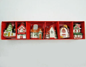 Set of 6 Christmas Tree Ceramic Light Covers Hand Painted Houses Snow on Roof - Picture 1 of 6