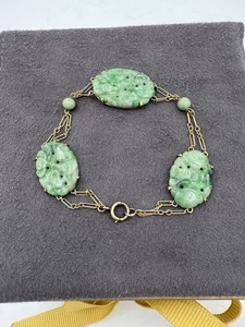 Vintage Antik? Geschnitzte Jade & 14ky zartes Gliederarmband 7 Zoll - Bild 1 von 15