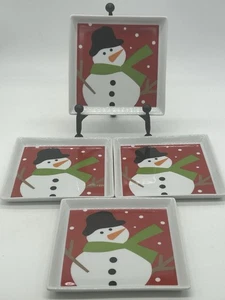 Crate & Barrel SNOW DAY 5.75" Appetizer Plates Snowman w/ Green Scarf (Set of 4) - Picture 1 of 5