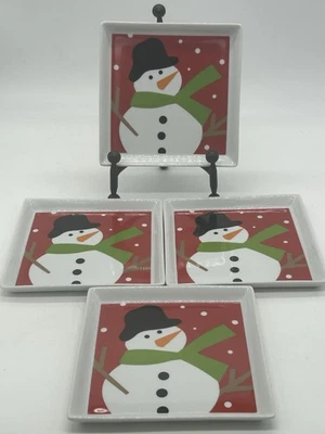 Crate & Barrel SNOW DAY 5.75" Appetizer Plates Snowman w/ Green Scarf (Set of 4) - Image 1 of 4