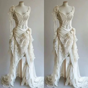 Abiti da sposa vintage avorio scollo a O spacco laterale pizzo applicazioni spiaggia abiti da sposa - Foto 1 di 6