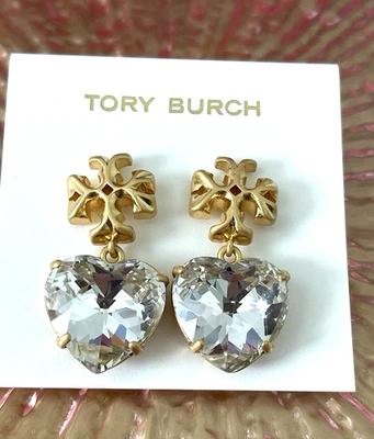 TORY BURCH ROXANNE 水晶透明心形耳环 全新 — 第 1/4 张图片