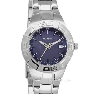 Reloj de buceo informal FOSSIL para mujer 100 m, esfera azul fecha, acero inoxidable plateado Foto 1 de 4