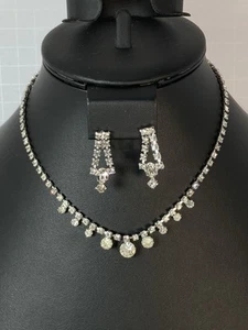 Vintage Clear CZ Prong Rhinestone Drop Necklace & Earrings Screw Back Set Htf - Picture 1 of 8