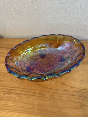 复古嘉年华虹彩玻璃椭圆形脚水果碗 12 英寸收获葡萄 — 第 1/4 张图片