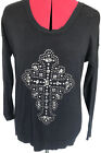 Rock & Republic Women's Black XS Rhinestone Cross Sweater Bling Embellished-309