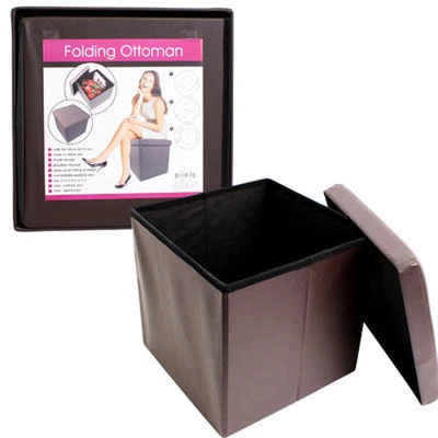 Folding Cube Ottoman Seat Footstool Storage Box + Lid 15" Faux Leather Brown NEW - Image 1 of 2