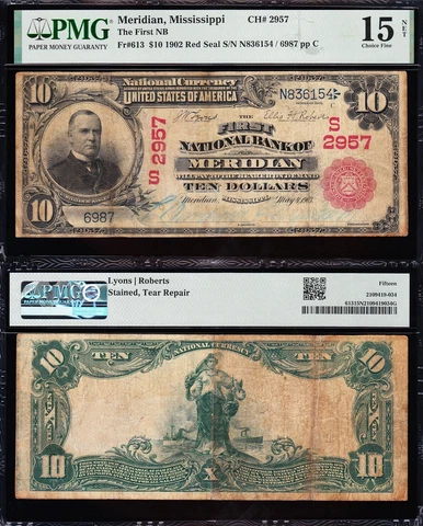 *RARE* Choice Fine RED SEAL 1902 $10 MERIDIAN, MS National Banknote! PMG 15/n Cover