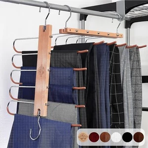Wooden Pants Hangers Space Saving - 5 in 1 Jean Hangers for Closet - Trouser ... - Picture 1 of 5