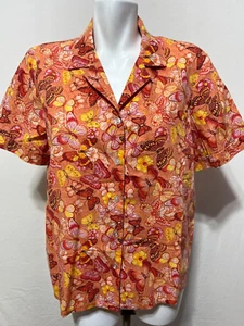 Blair Women Top Shirt Butterfly Print Button Down Large Orange Yellow Pink - Picture 1 of 4