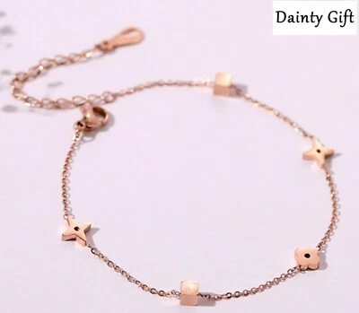 Mujer Niña Titanio Acero Inoxidable Oro Rosa Trébol de la Suerte Pulsera Tobillera 8-9" Foto 1 de 4