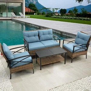4-Piece Patio Sectional Low Dining Sofa Set - KD Rattan Wicker Outdoor Furniture - Picture 1 of 12