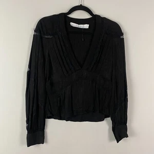 IRO Bahri Lace Inset Top Size 32 US 0 Black V Neck Blouse Long Sleeve - Picture 1 of 10