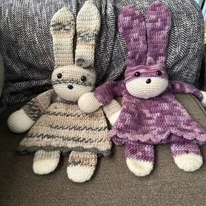 Handmade Crochet Baby Tan &  Purple Bunny Rabbit Lovey  Security Blanket - Picture 1 of 9