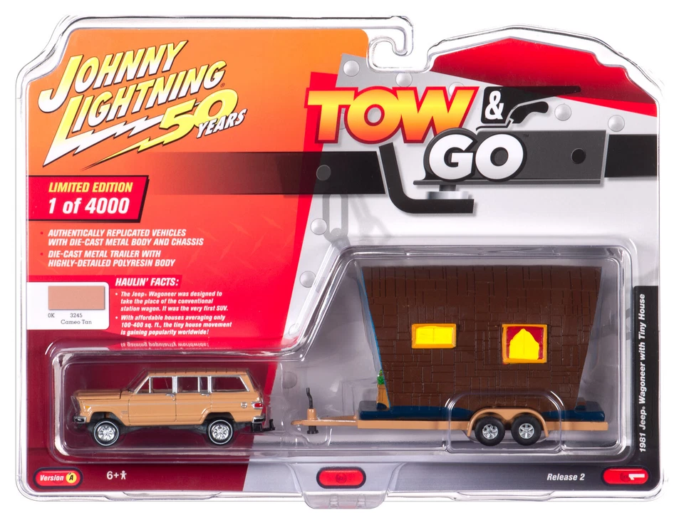 Johnny Lightning *TOW & GO 2A* TAN 1981 Jeep Wagoneer & TINY HOUSE NIP! - Image 1 of 1