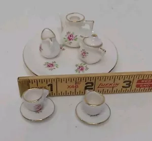 Vintage Miniature Tea Set Porcelain 9 Pieces Roses Gold Trim - Picture 1 of 7