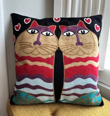 Laurel Burch Inspired  Abstract Cat Embroidered Throw Pillow Cover 18x18 - Image 1 of 4