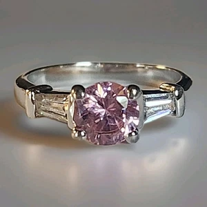Silver Plated Pink and White 3 Stone Cubic Zirconia Ring Size 6.5 - Picture 1 of 4