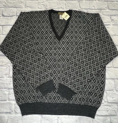 Patrick James Men’s Sweater Merino Wool XL Pullover Black Grey V Neck - Image 1 of 4