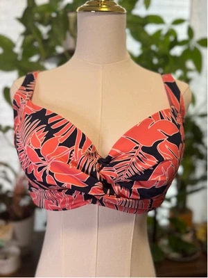 Women's Lands' End Coral Navy Leaf Print Bikini Top Size 12 - Image 1 of 4