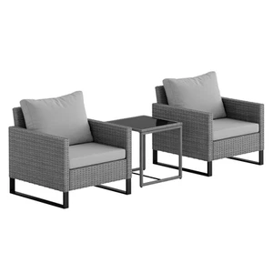 Outsunny 3PCS Rattan Bistro Set Glass Top Table and Chairs with 4 Cushions Grey - Picture 1 of 11