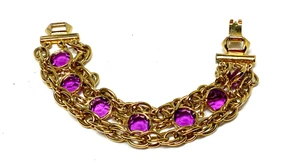 Pulsera Tono Dorado 3 Hilos 2 Cuerdas 1 Bisel Púrpura Piedras Vidrio 7.5" Cierre a Presión - Imagen 1 de 8