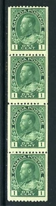 CANADA Scott 131ii - NH - 1¢ Blue Green King George V Admiral Strip of 4 (.147) - Picture 1 of 2