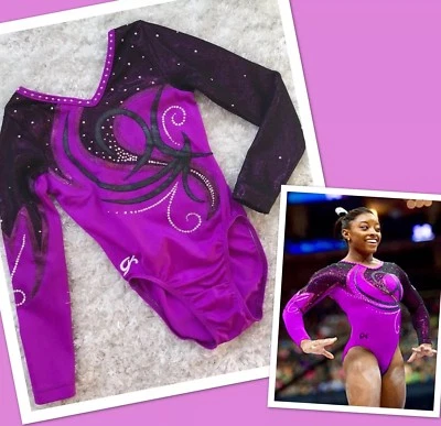 GK ELITE Leotard GYMNASTICS Purple BLING SWAROVSKI RHINESTONE Competition Sz: CL - Image 1 of 4