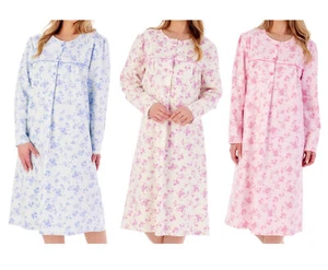 Nightdress Ladies Slenderella Long Sleeved Floral Flannel Cotton Flower Nightie - Picture 1 of 43