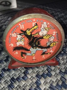 Antica sveglia 1934 Tre porcellini e lupo cattivo grande Disney Ingersoll rara - Foto 1 di 8