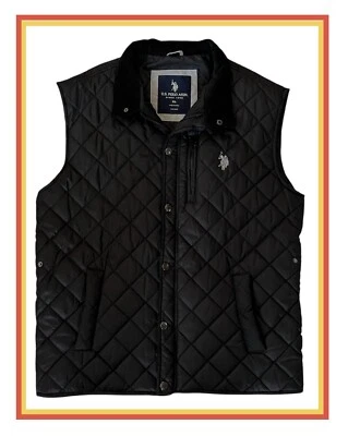 US Polo Assn Mens XL Black Puffer Vest with Embroidered Logo and Corduroy Collar - Image 1 of 4