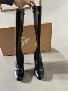 CHRISTIAN LOUBOUTIN Black Leather, Knee High Boots Size 37.5 GENTLY USED - Picture 1 of 12