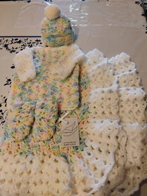 Handmade Crochet  Sweater White, Pink,Green,Yellow & Blue  BLK Set 31x36" - Image 1 of 4