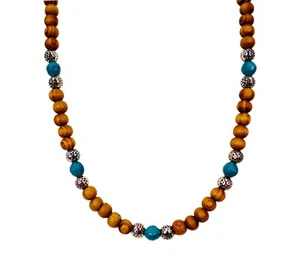 Wood bead necklace made with turquoise color beads and textured silver beads New - Picture 1 of 11