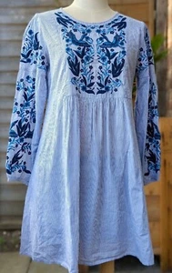 ZARA Tunic Top S Blue Stripe Cotton Boho Gypsy Embroidered Tassels - Picture 1 of 17