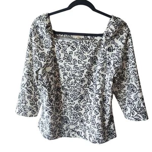 Melloday Anthropologie Talla Pequeña Cuello Cuadrado Manga 3/4 Blanco y Negro Floral - Imagen 1 de 11